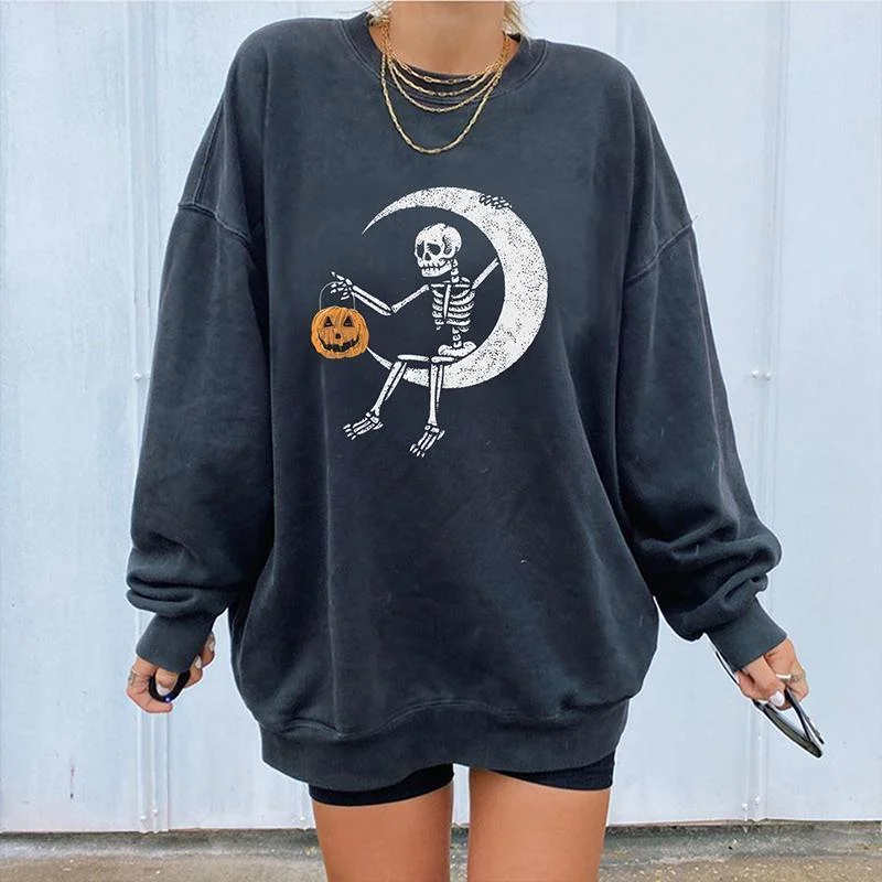 Skeleton moon pumpkin printed crew neck designer sweatshirt
