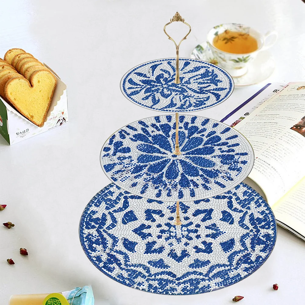 3 Tier 5D DIY Blue White Acrylic Diamond Painting Cupcake Stand for Kitchen Table Decor 