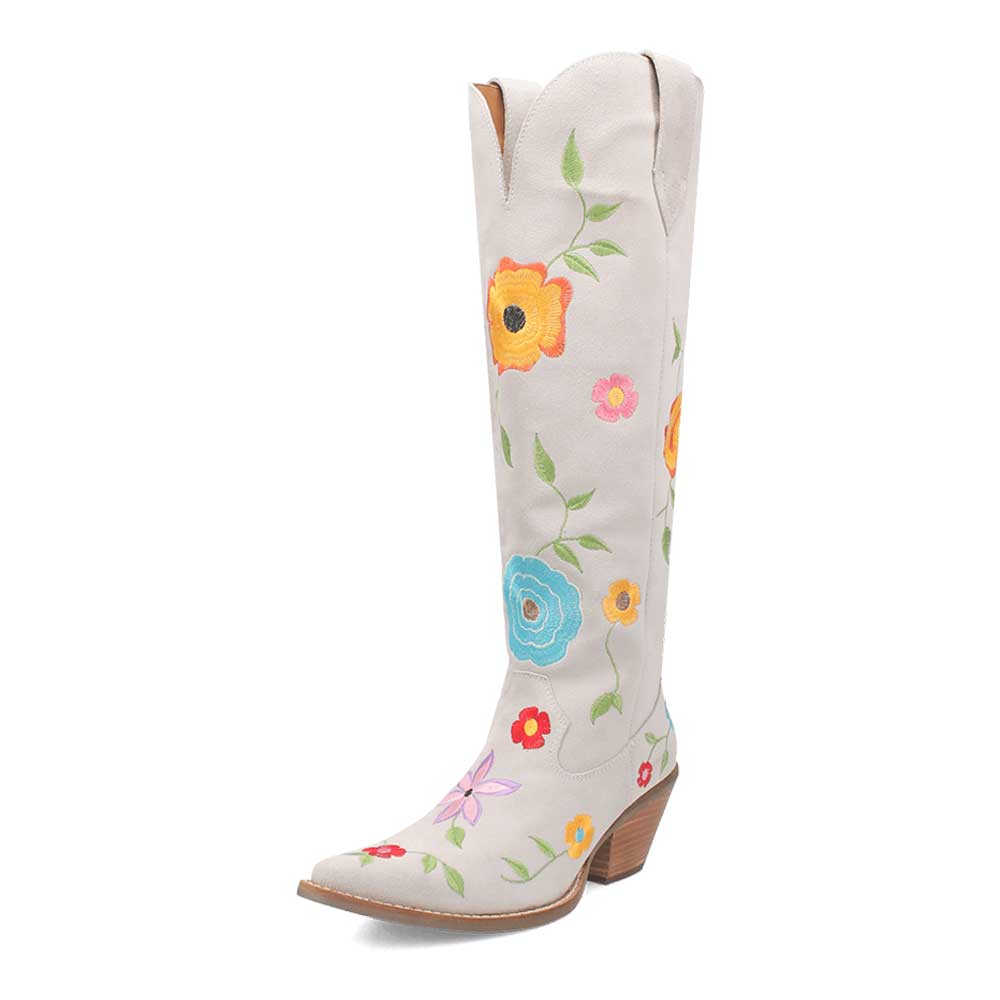 White Floral Embroidered Pointed Toe Chunky Heel Tall Cowgirl Boots Nicepairs