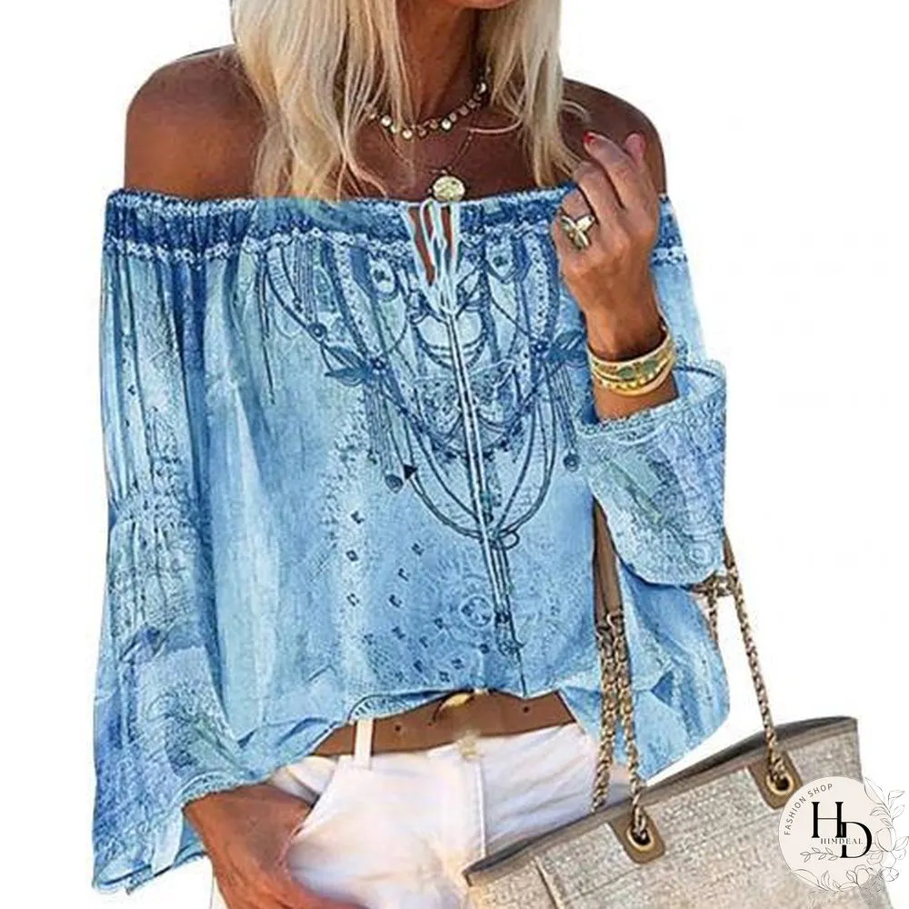 Womens Long Sleeve Off Shoulder Floral Print Hollow Out Lace Blouse Tops Shirts Female
