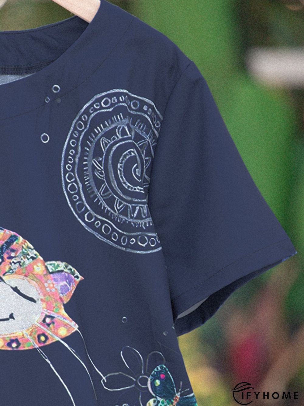 Blue Short Sleeve Floral-Print Crew Neck T-shirt | IFYHOME