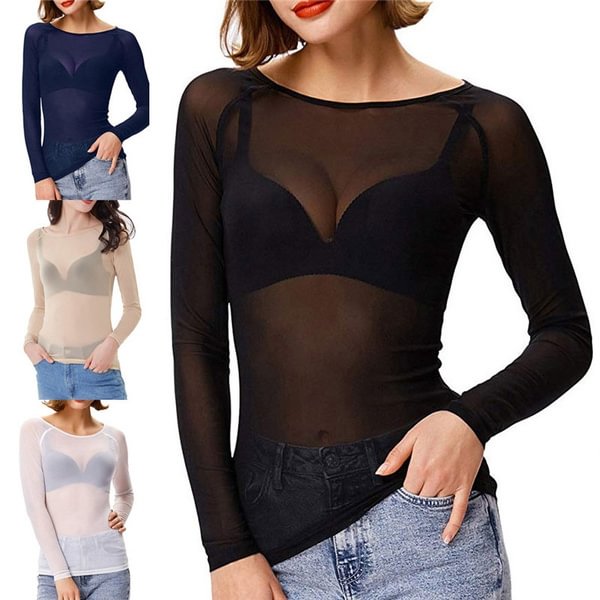 Hot Sale Women Under/Out Wear See-Through Transparent Mesh Stand Neck Long Sleeve Sheer Blouse Seamless Arm Shaper Top Mesh Shirt Blouse Ladies Tops Tee Plus Size - Shop Trendy Women's Clothing | LoverChic