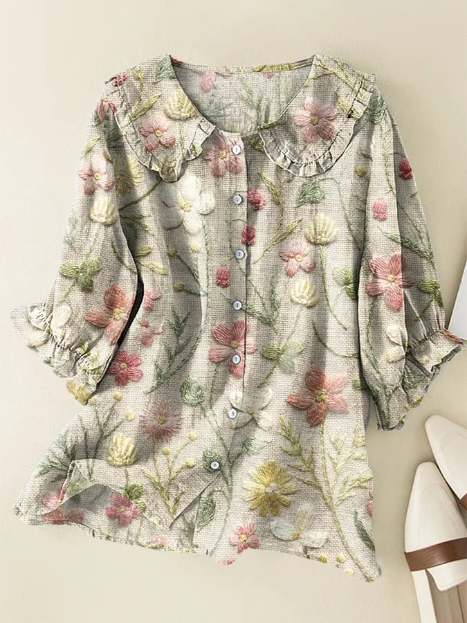 Vintage Floral Cotton and Linen Peter Pan Ruffle Collar Shirt