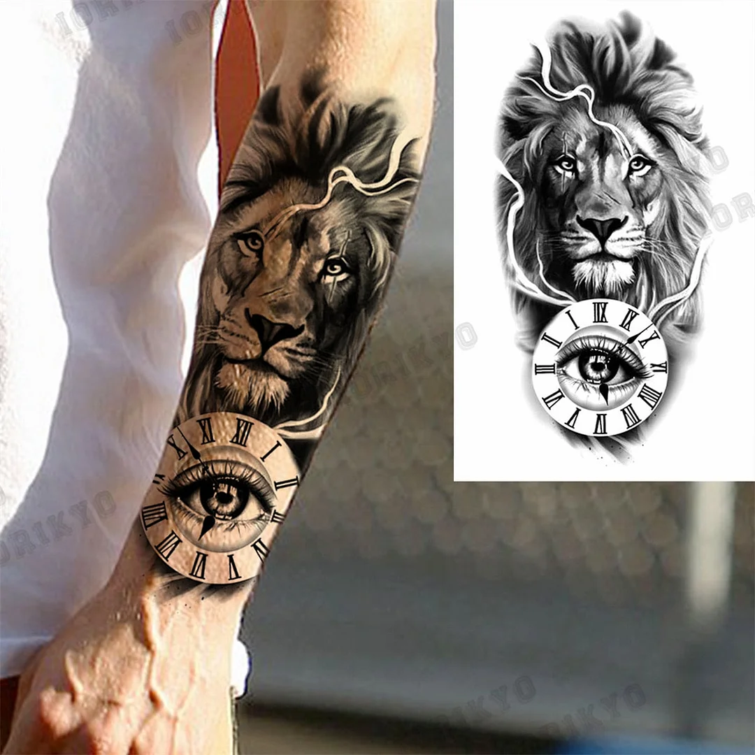 Black Lion Wolf Temporary Tattoos For Men Adult Forest Rose Compass Warrior Fake Tattoo Washable Body Art Painting Tatoo Sticker