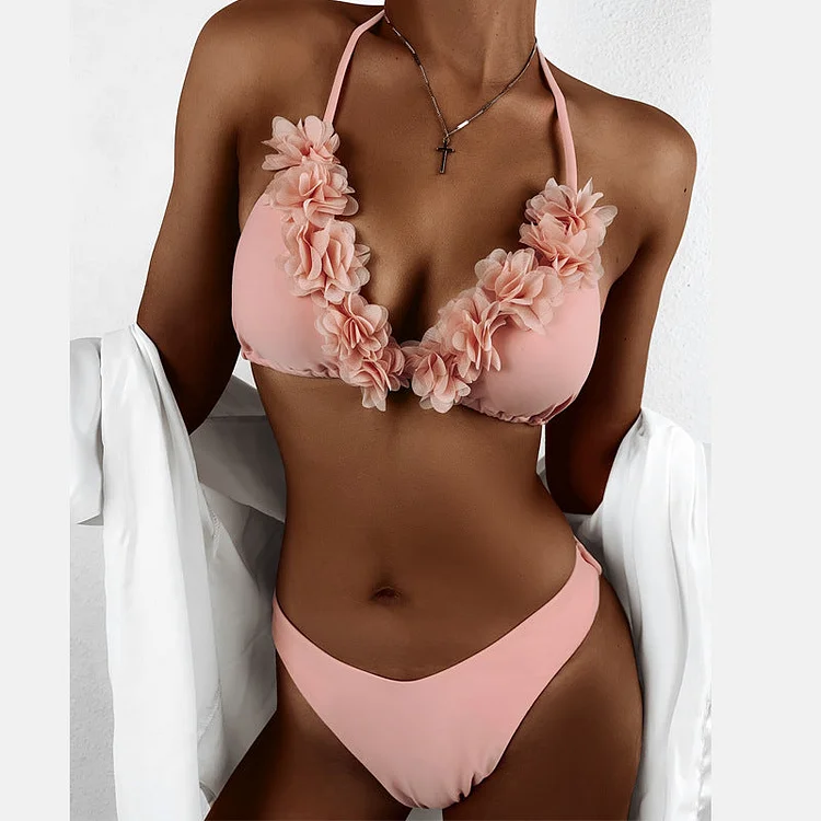 Appliques Triangle Halter Bikini Swimsuit