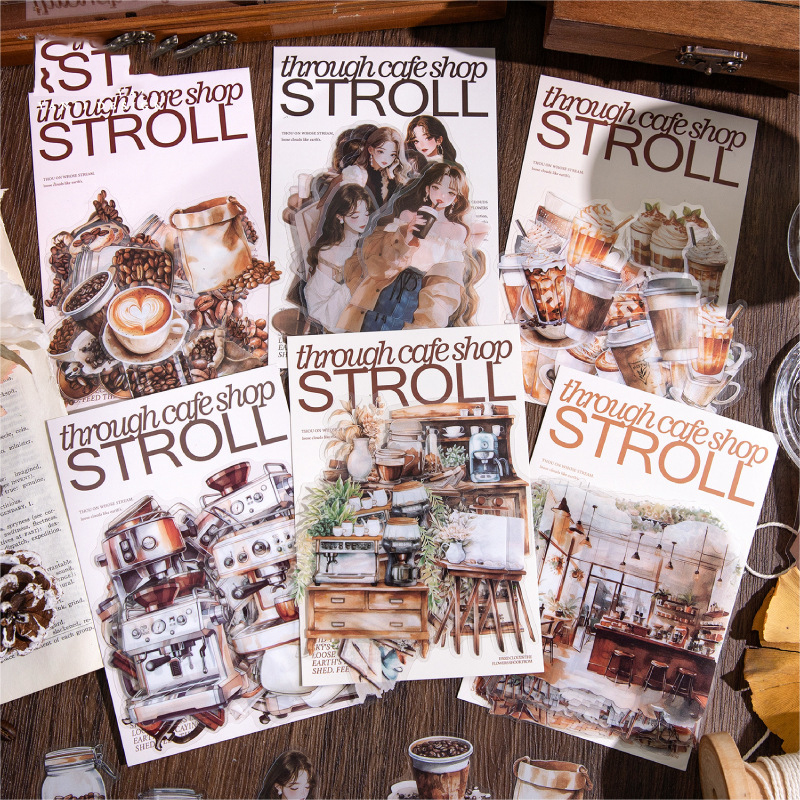 PET 스티커 - 산책카페 시리즈 빈티지 커피 캐릭터 조경