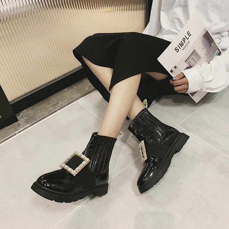 2020 New Breathable  Boots Rhinestones Buckle Cattle Paint Leather Boots Round Head Flat Chelsea Women's Boots