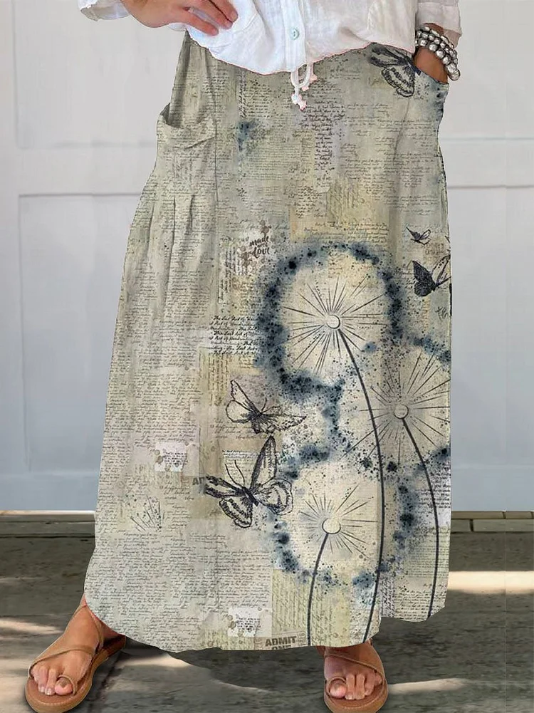 Women's  Floral Print Linen Pocket Skirt