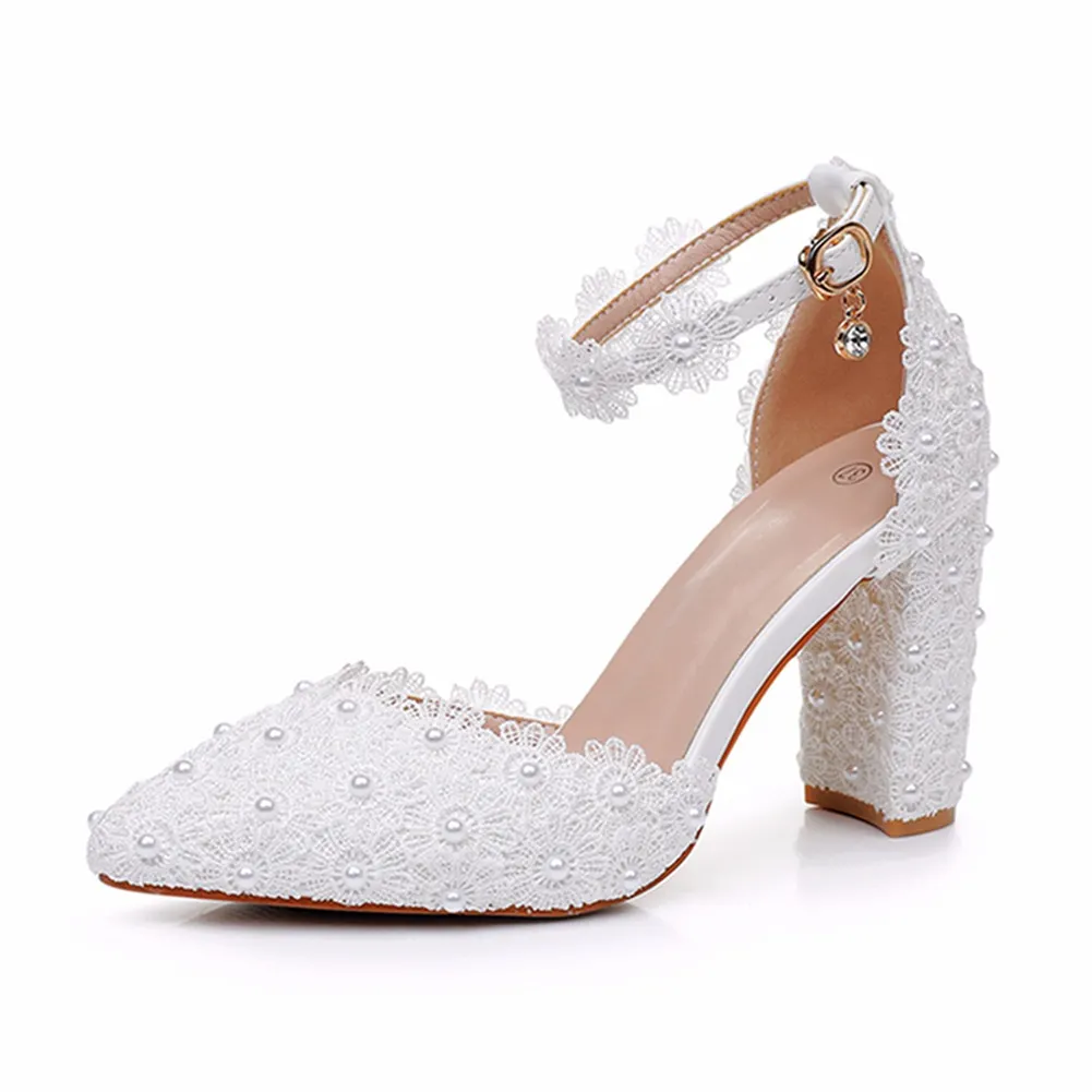 Breakj Breakj Lace Pointed Women's Singles Lace Wedding Dress Shoes Spring Thick Heel Sharp Sandals White Wedding Shoes Shallow
