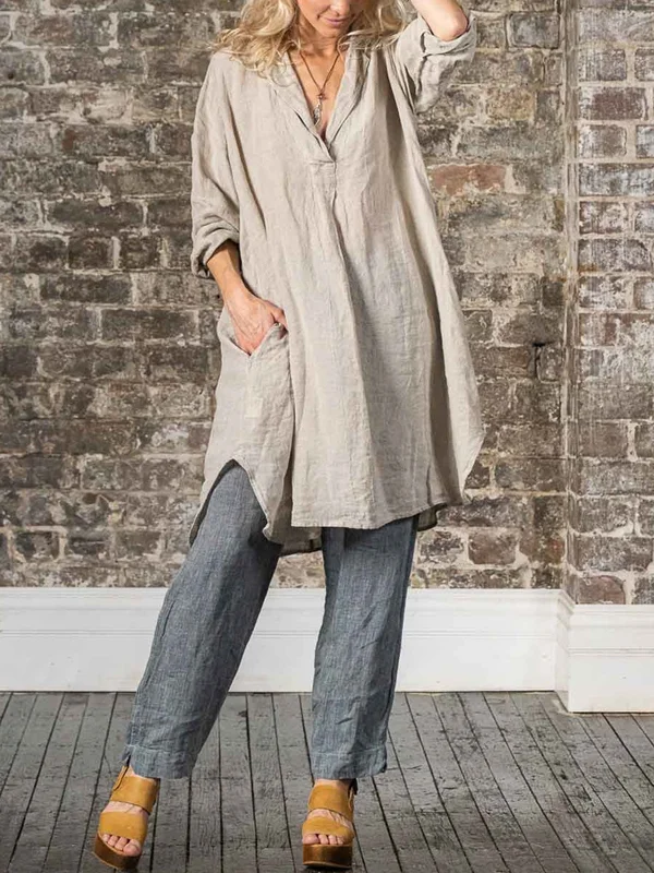 V-neck Solid Color Cotton And Linen Top And Trousers Suit