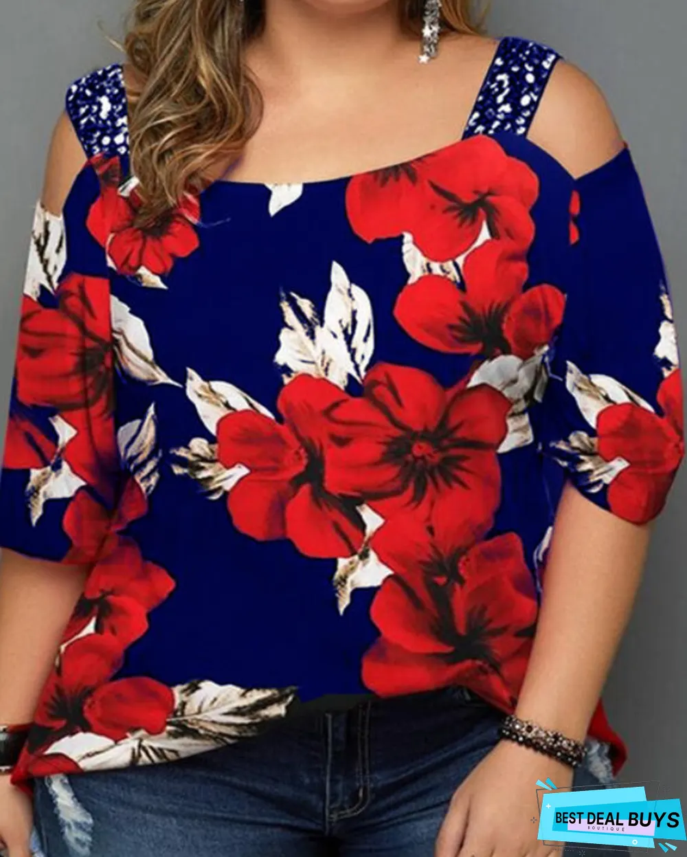 Print Floral Sequins Cold Shoulder 3/4 Sleeves Casual Plus Size Blouses