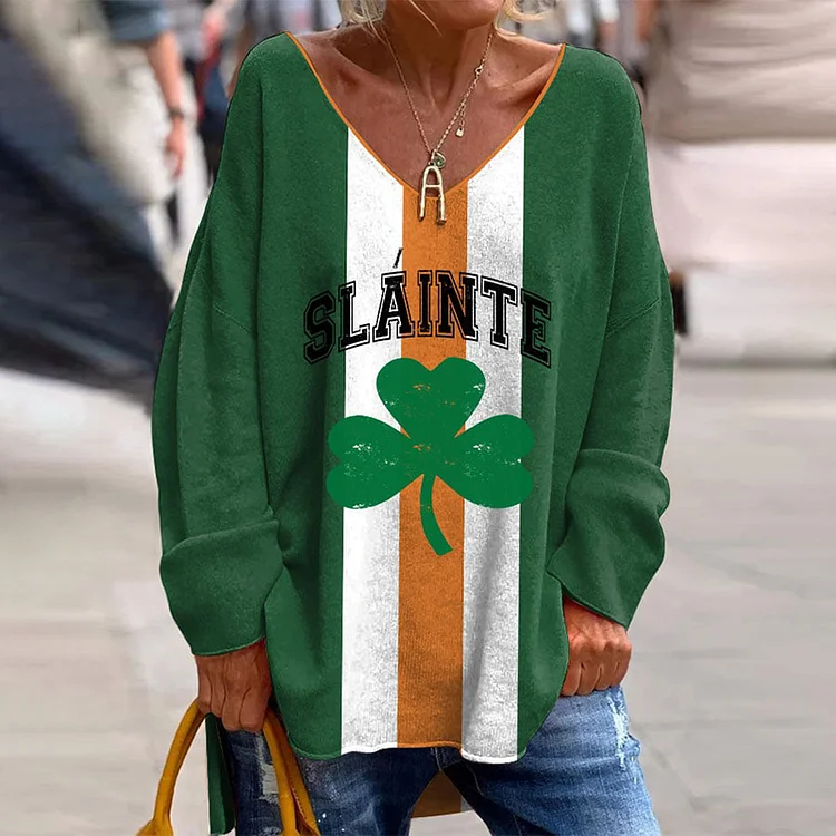 VChics St. Patrick's Day Slainte Shamrock Printed V-Neck Long Sleeve T-Shirt