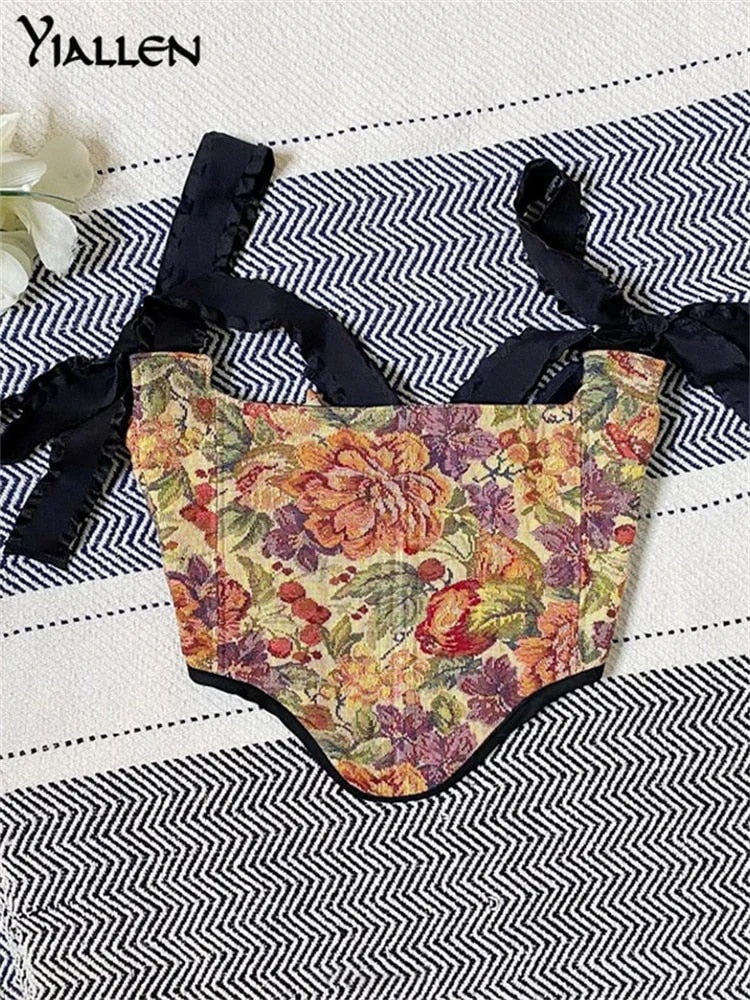 Yiallen Summer Women Fashion Print Bow Bandage Cute Sweet Vintage Camisole New Slim Stretch Sexy College Style Cropped Top Hot