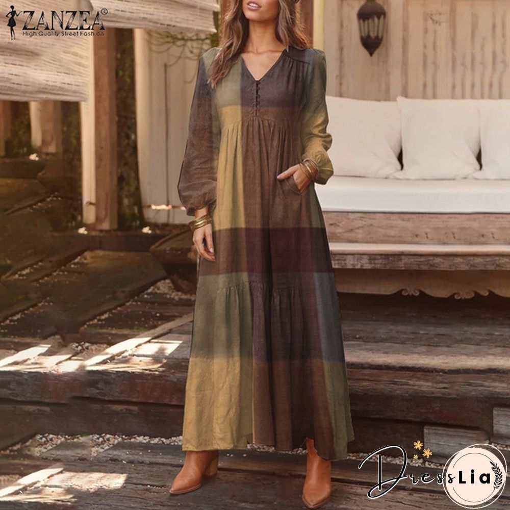 Zanzea Women Long Sleeve V-Neck Printed Kaftan Puff Sleeve Casual Loose Long Maxi Dresses Plus Size