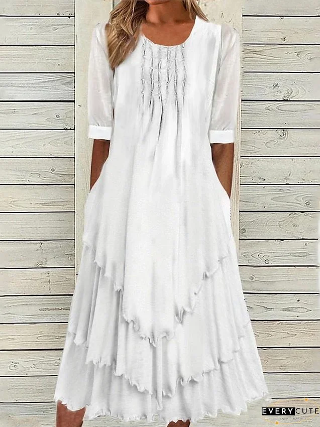 Cotton Linen Dress Casual Dress Tiered Dress Midi Dress Cotton Blend Basic Modern Outdoor Daily Crew Neck Pocket Layered Half Sleeve Summer Spring Fall Regular Fit White Plain S M L XL for Women