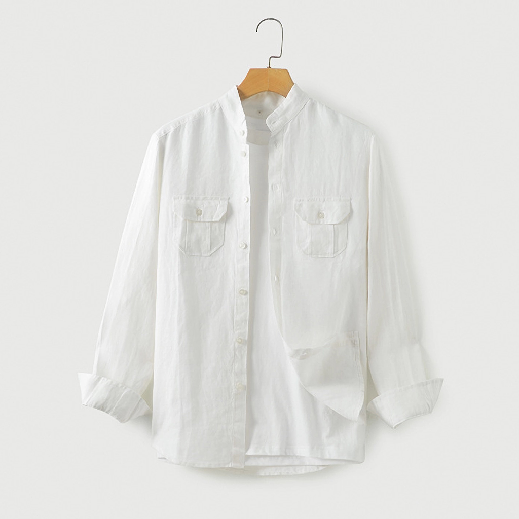 100% European Linen Standing Collar Pocket Men's Shirt REAL SILK LIFE