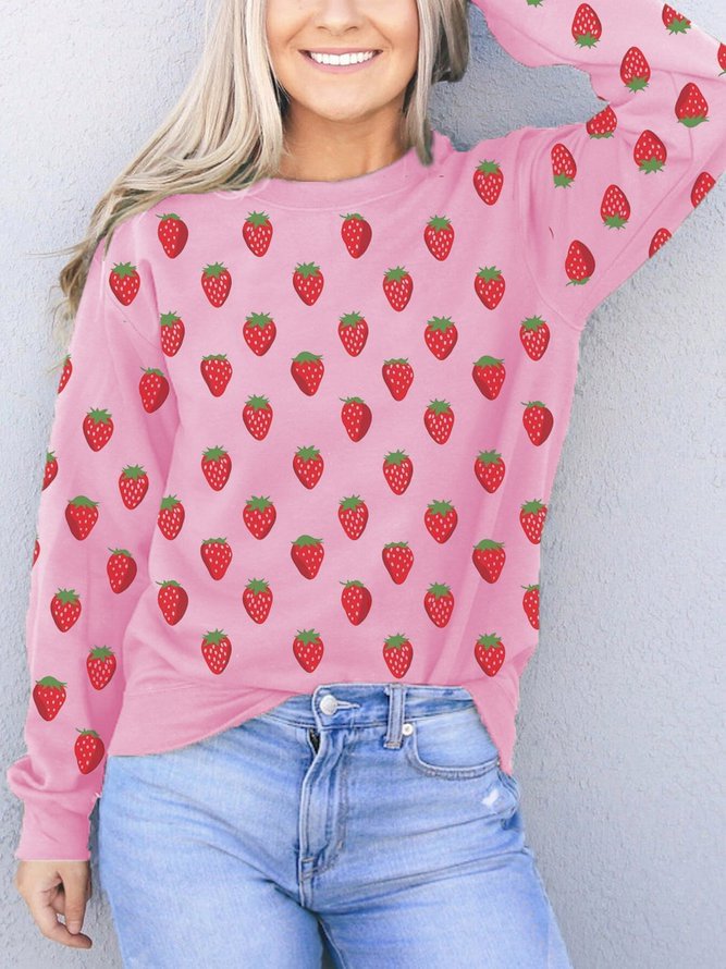 Pink Casual Crew Neck Women's Fashion Print Strawberry Sweatshirt Zaesvini