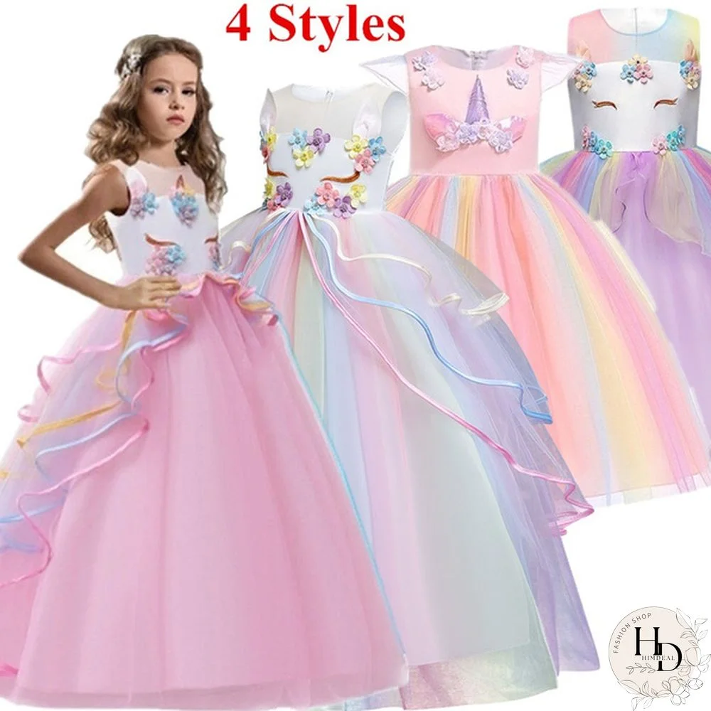 4 Styles Fancy Unicorn Appliques Flower Rainbow Dress Princess Tutu Dress for Birthday Party Wedding Pageant Prom Carnival Ball Gown