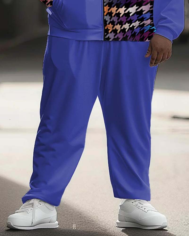 Men's Plus Size Street Fashion Houndstooth Patchwork Print Sport Zipper Hoodie Suit