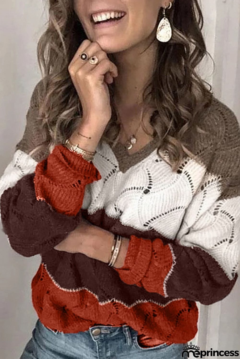 V Neck Colorblock Textured Knit Sweater