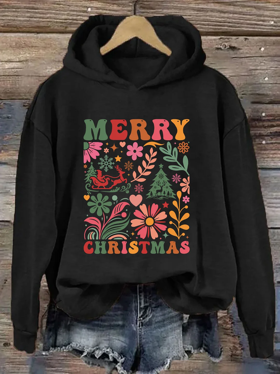 Merry Christmas Boho Flowers Hoodie