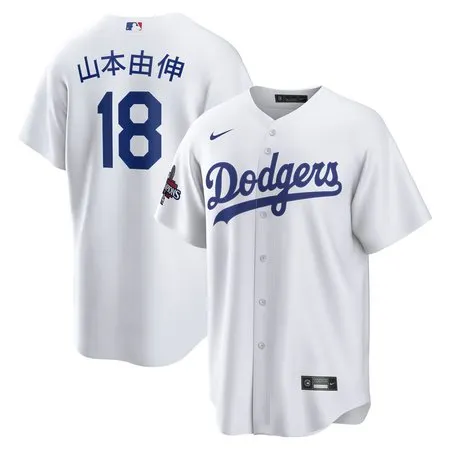 Men's Los Angeles Dodgers #18 Yoshinobu Yamamoto  White 2024 World Series Champions Home Japanese Characters Replica Player Jersey