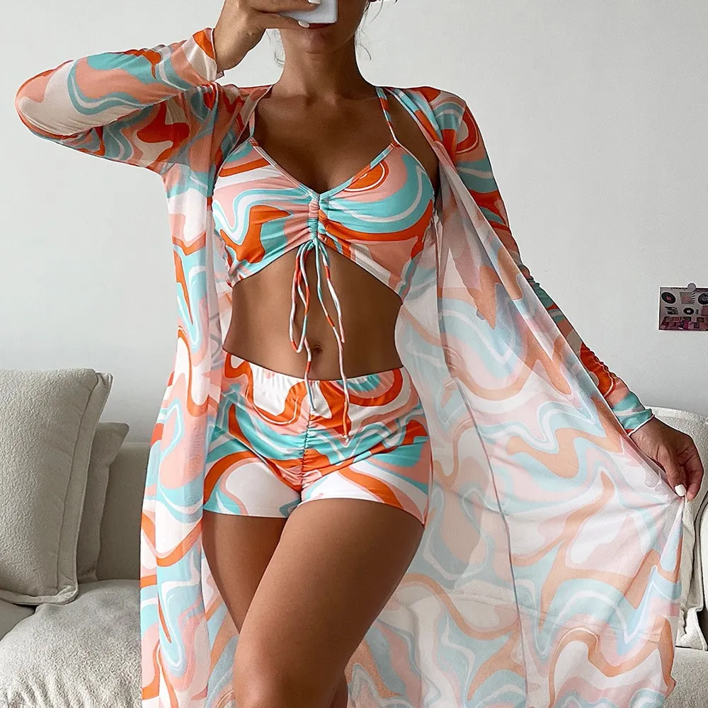 Uveng 2025 New Women's Three-Piece Bikini Mesh Hooded Jersey With Fashion Anti-Smni Jacket