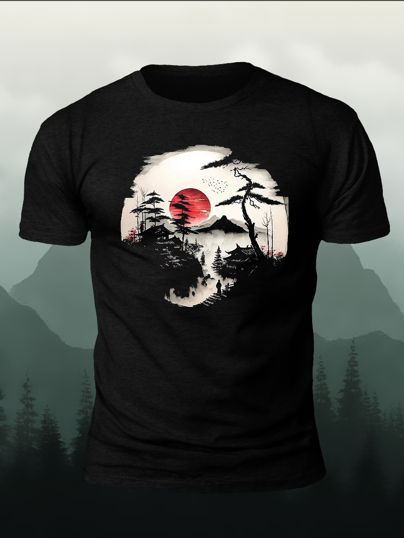 Men's Ink Landscape Print Casual Short Sleeve T-shirt
