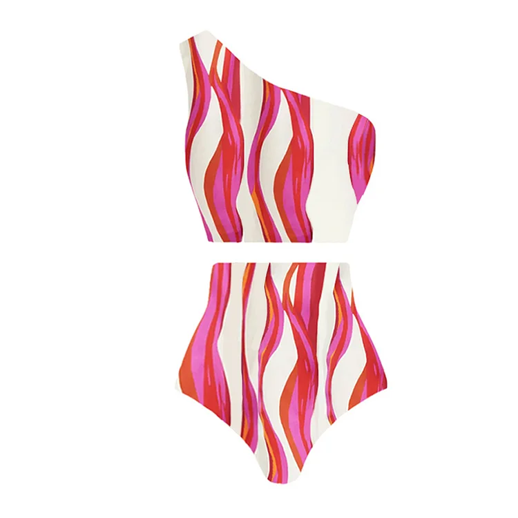 One Shoulder Printed Bikini Swimsuit and Pants Flaxmaker