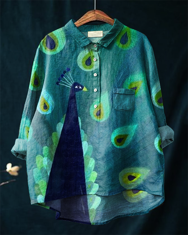 Vintage Peacock Art Casual Cotton and Linen Shirt