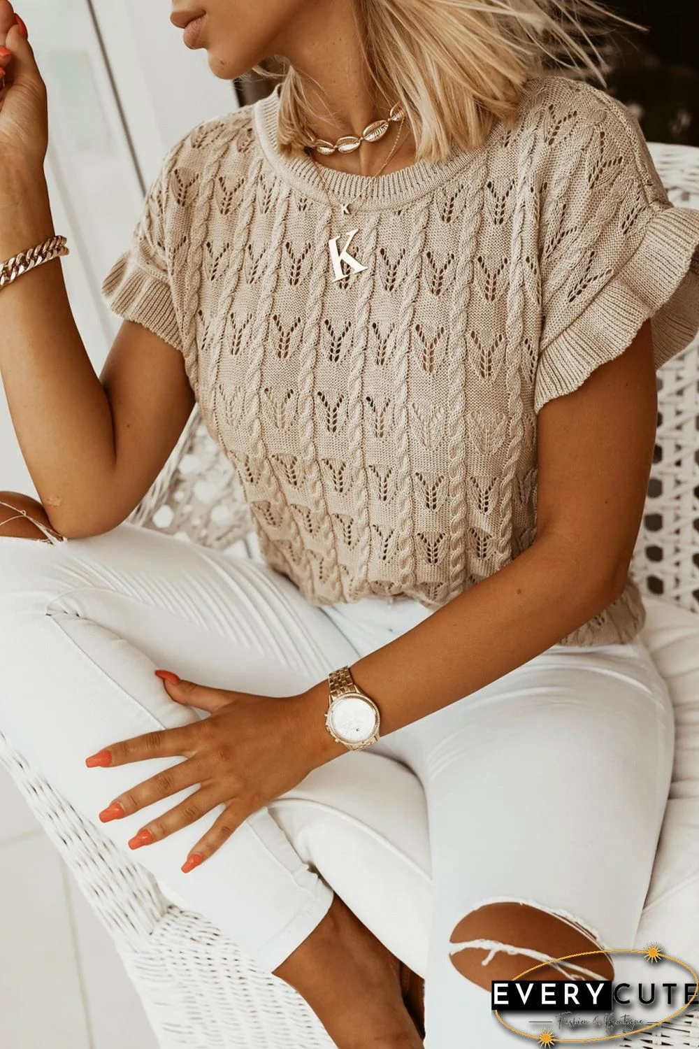 Khaki Ruffle Short Sleeves Cable Knit Textured Top