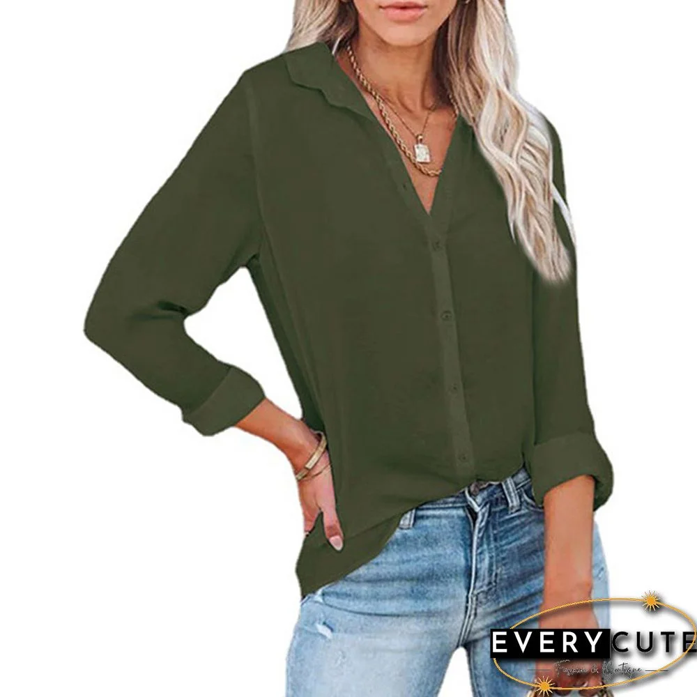 Army Green Button V Neck Long Sleeve Shirt