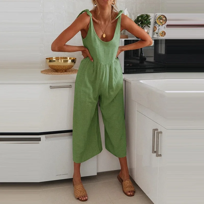 2022 Summer Fashion New Sling Cotton And Linen Jumpsuit Casual Sleeveless Solid Color Loose Slim Jumpsuit Elegant Beach Jumpsuit