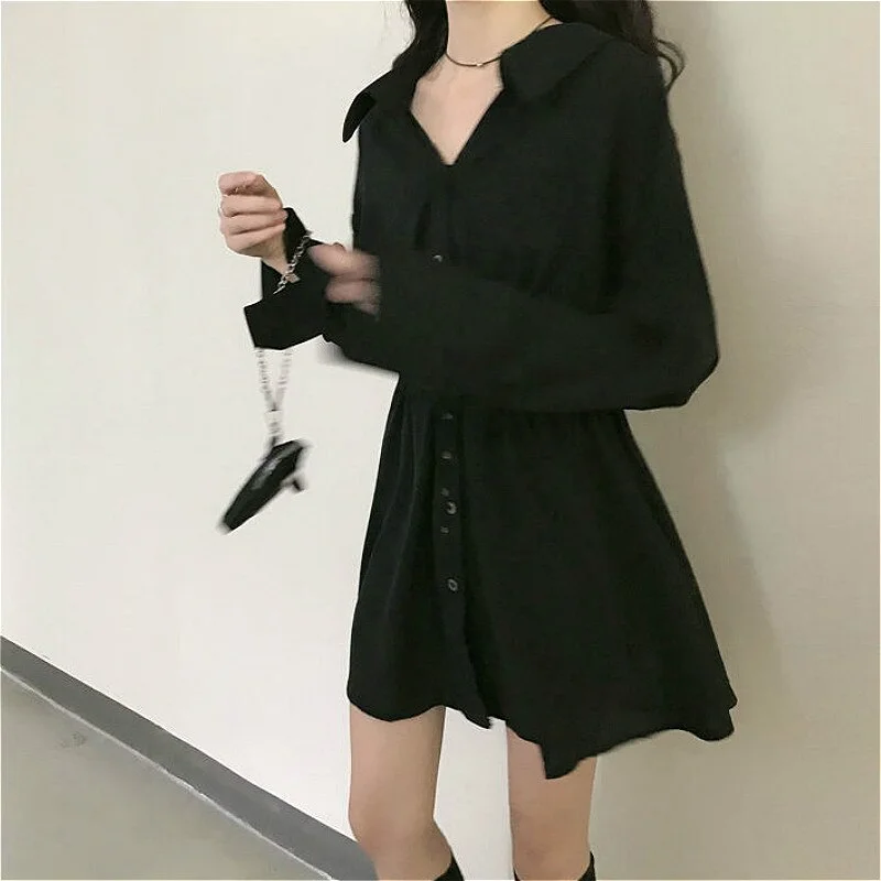 Mini Dress Women Long Sleeve Turn-down Collar Button Chic Dresses Ladies Spring Autumn Collect High Waist Elegant Party Vestido