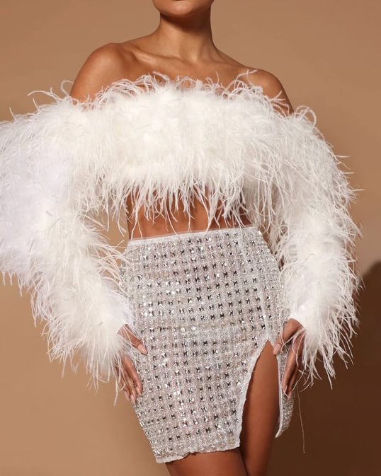 Kourt Feather Embellished Mini Skirt Set
