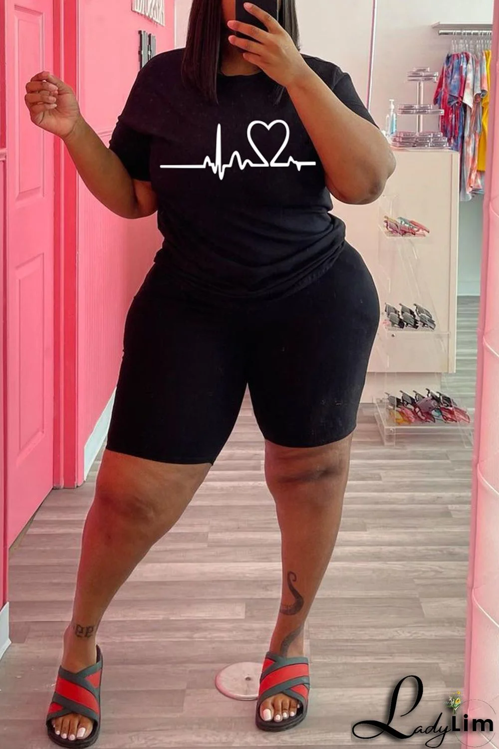 Black Fashion Casual Print Basic O Neck Plus Size Two Pieces