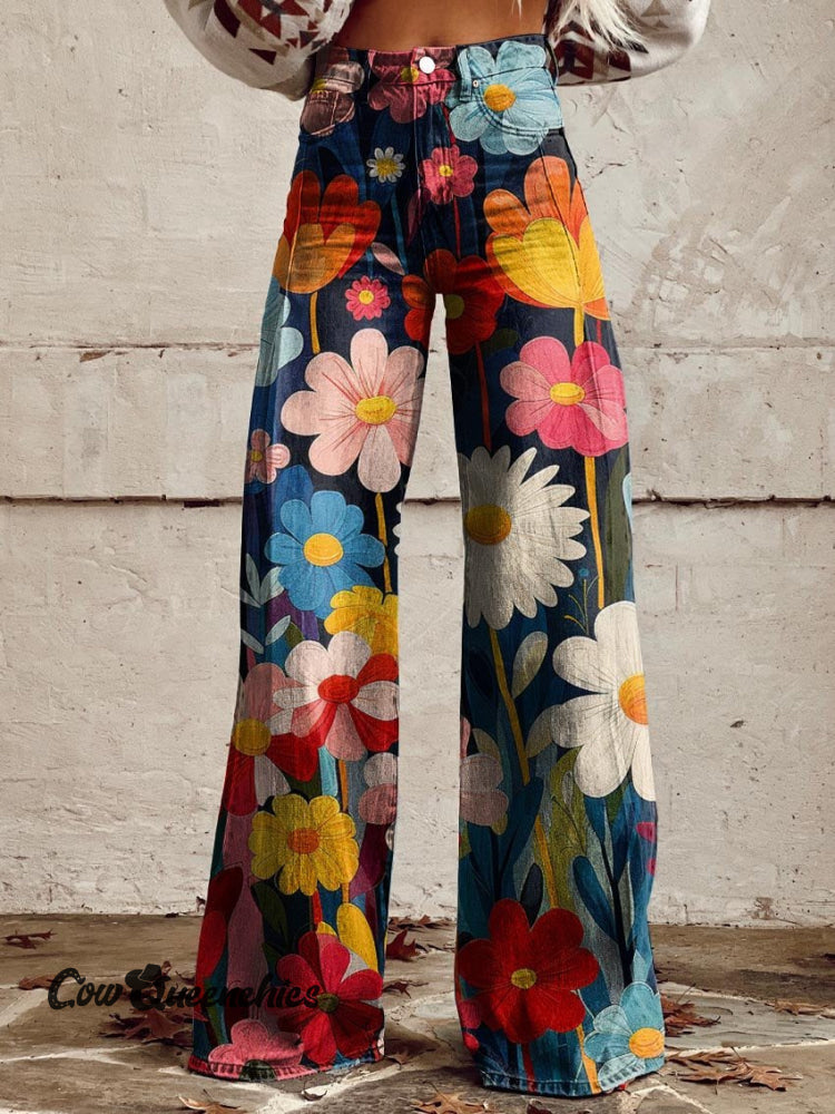 Women’s Colorful Flower Geometric Pattern Print Casual Wide Leg Pants Multicolor / S