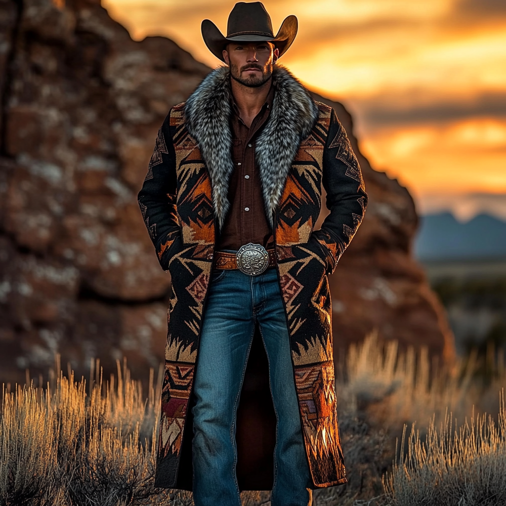 Western Cowboy Retro Aztec Print Ethnic Plush Warm Men's Coat Jacket-inspireuse