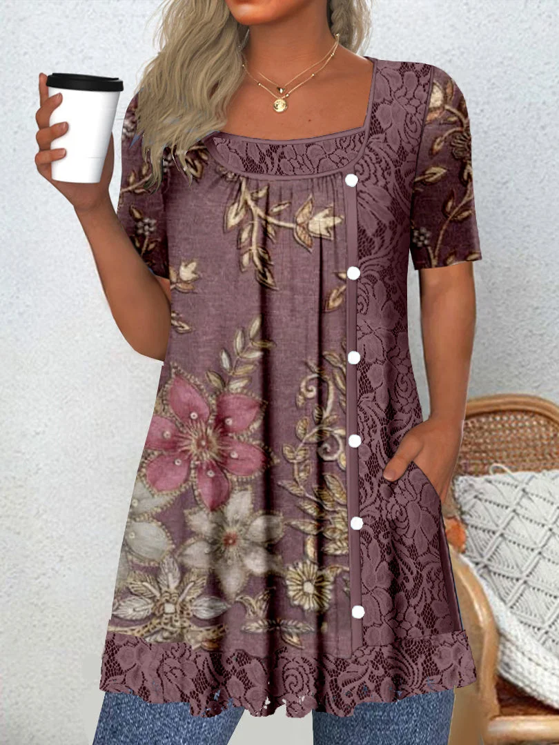 Women's Short Sleeve Scoop Neck Graphic Lace Pockets Tops