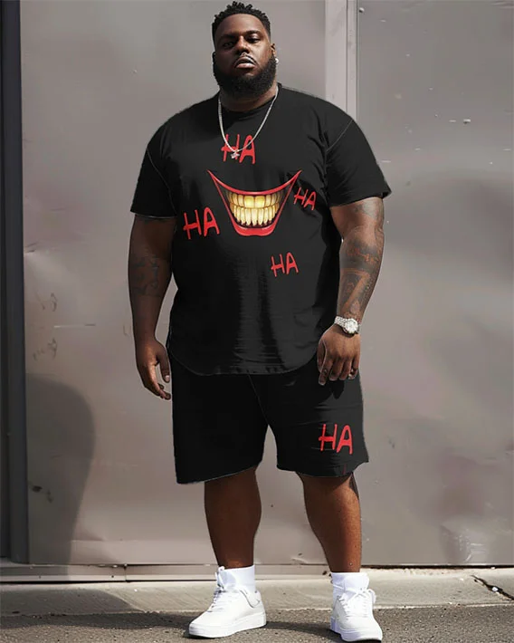 Men's Plus Size Street Casual Funny Mouth HA Printed T-Shirt Shorts Suit