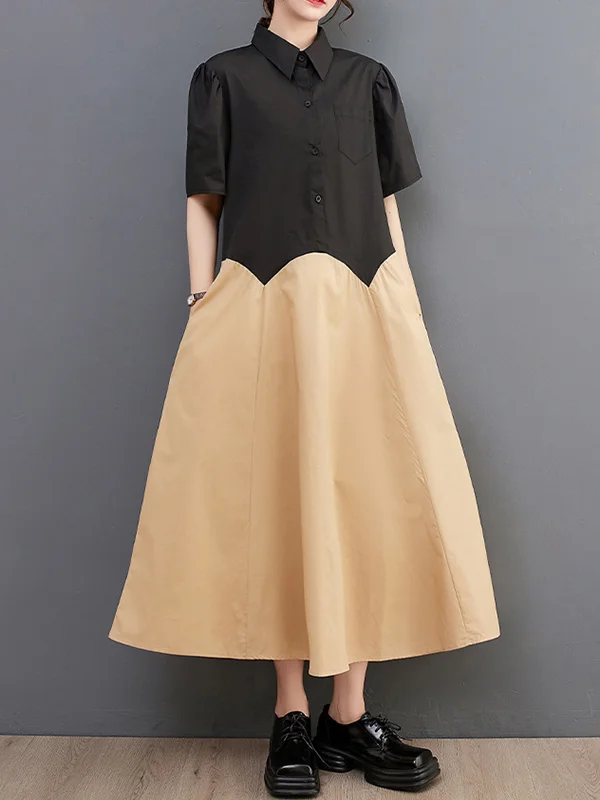 Roomy Oversize Contrast Color Split-Joint Lapel Midi Dresses Shirt Dress