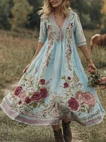 Classy Gradient Pink Roses And Striped  Embroidered Linen Maxi Dress - Image 5