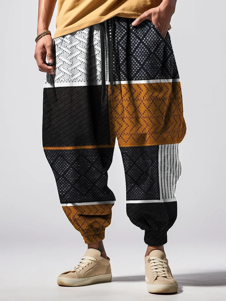 Men's Color Collision Geometric Pattern Stitching Print Loose Drawstring Waist Sweatpants