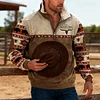 💥 2025 Hot Sale! Mens Western Fleece Jacket Cowboy Bull Head Print Pullover 1/4 Zip Up Stand Collar Country Sweatshirts Western Gifts For Men With Pocket