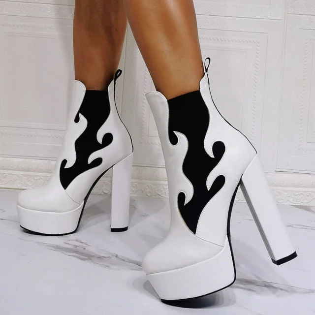 Goth Cool Black Flame Print Platform High Heel Ankle Boots BE568
