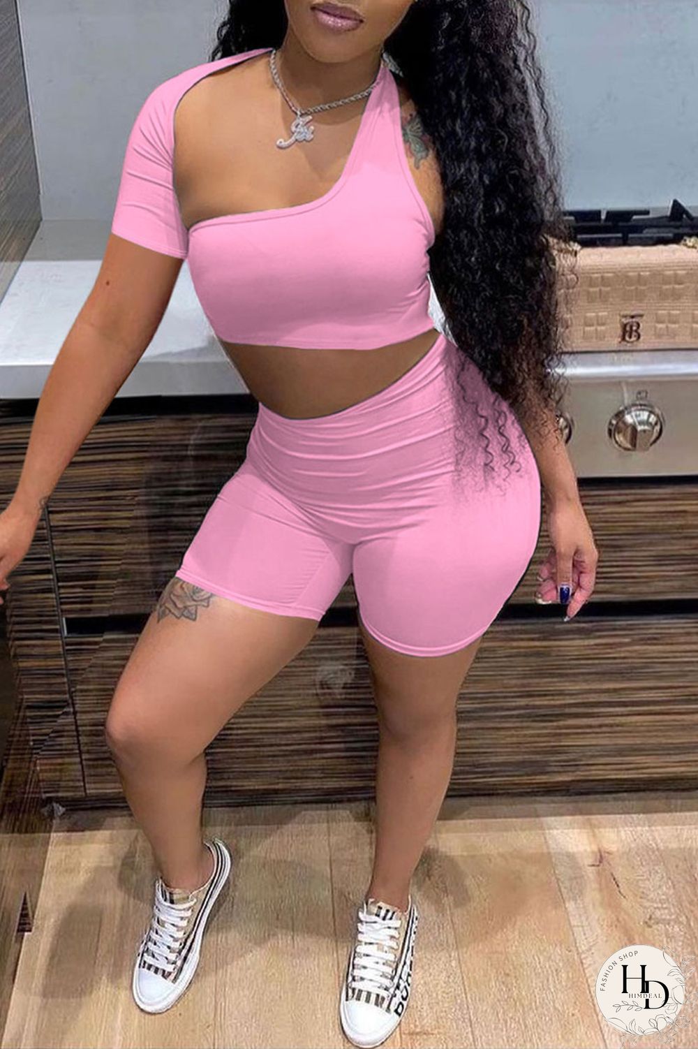 Blue Sexy Solid Hollowed Out Asymmetrical Collar Short Sleeve Two Pieces