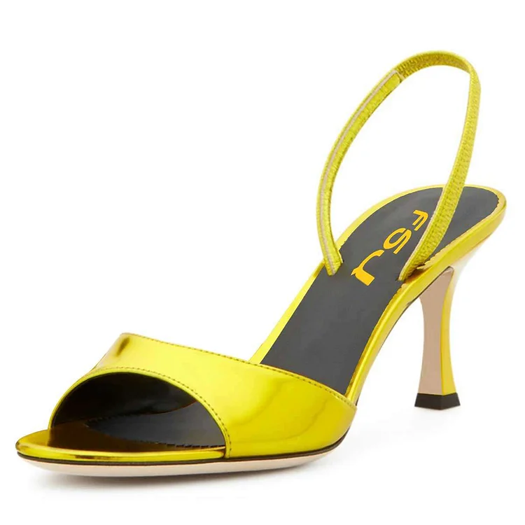 Yellow Patent Leather Open Toe Slingback Heels Spool Heel Sandals |FSJ Shoes