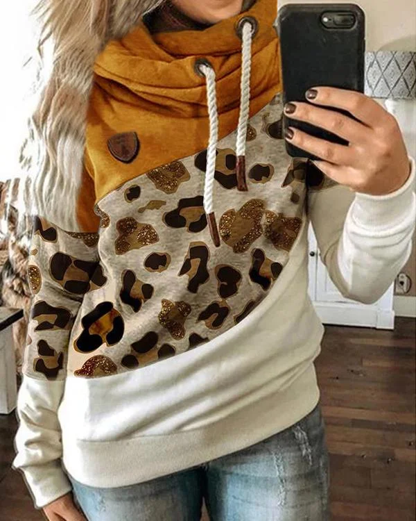 Leopard Printed Long Sleeve Color-Block Hoodie Sweatshirt