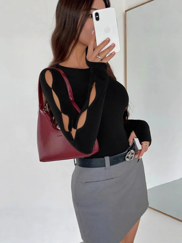 Nigikala Nigikala Women's Casual Long-Sleeved Round-Neck Solid-Colored Hollow T-Shirt