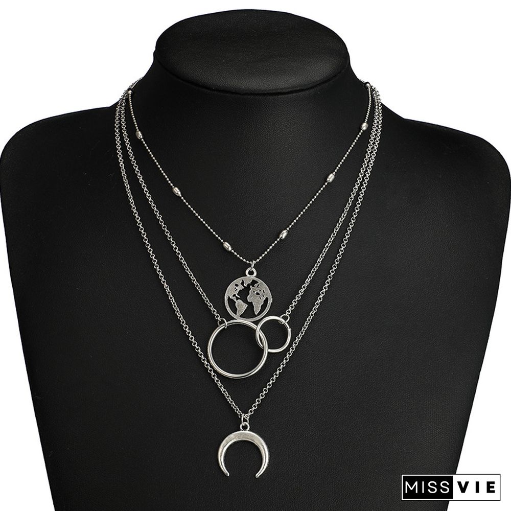 Fashion Women Multi-Layer Moon Map Necklace